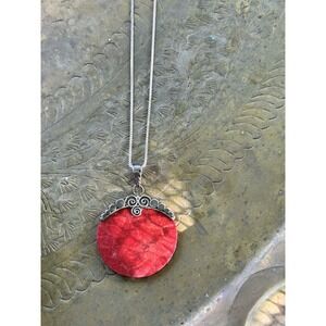 Vintage Sterling Silver Pendant, Charm, Red Round Design Pendant Necklace A#236